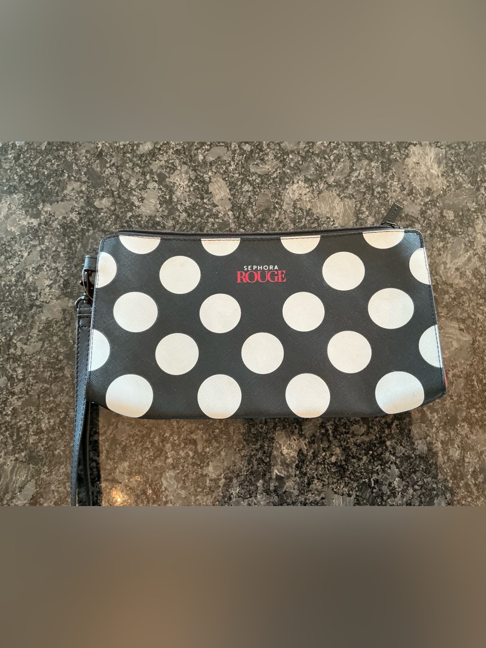 NWT Sephora Rouge Black White Polka Dot Cosmetic Bag Pouch w strap